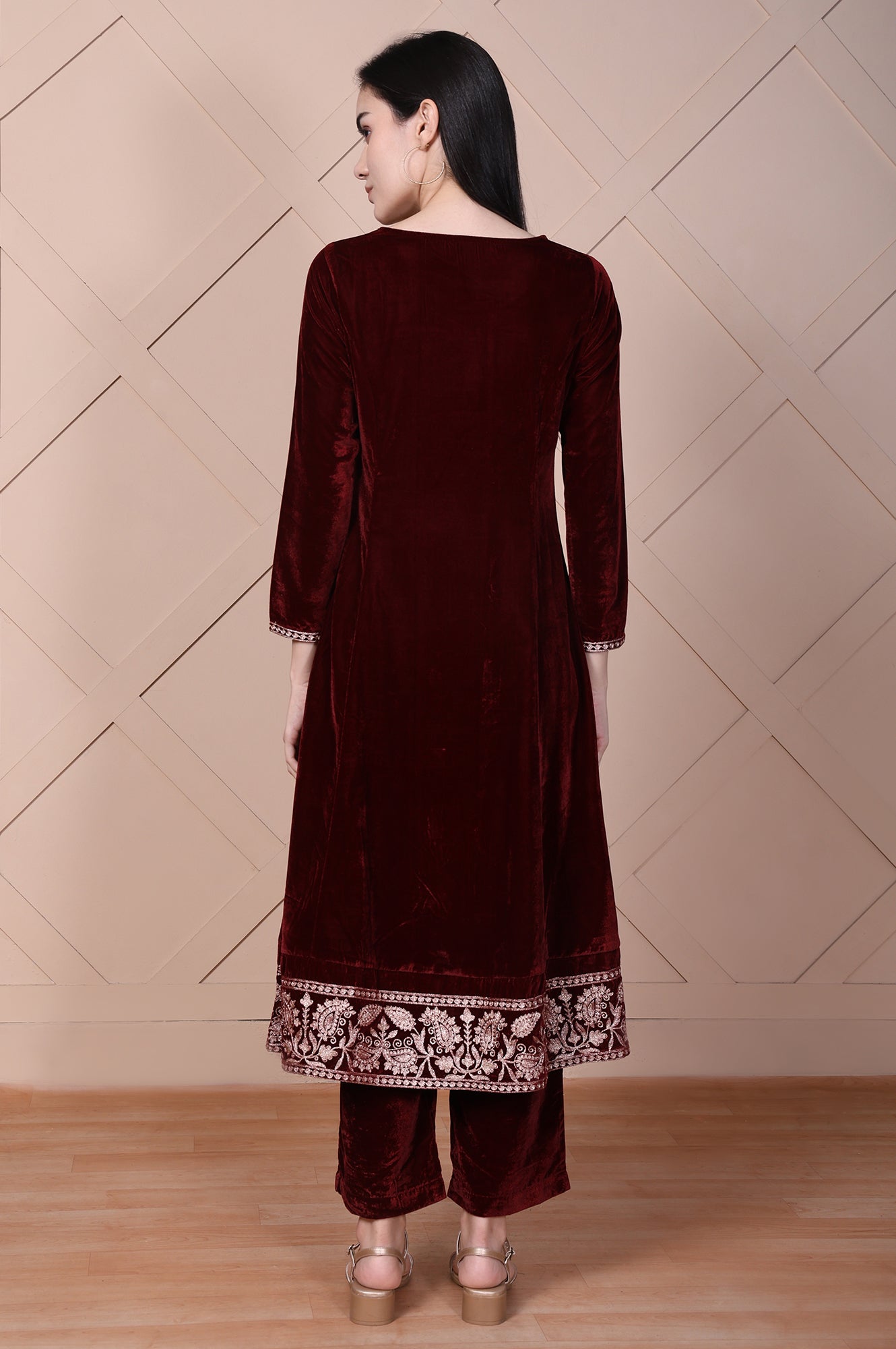 Maroon Embroidered A-Line Velvet Kurta with Palazzo Set