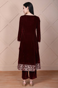 Maroon Embroidered A-Line Velvet Kurta with Palazzo Set