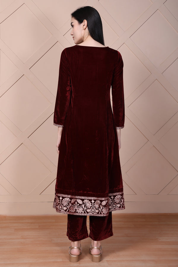 Maroon Embroidered A-Line Velvet Kurta with Palazzo Set