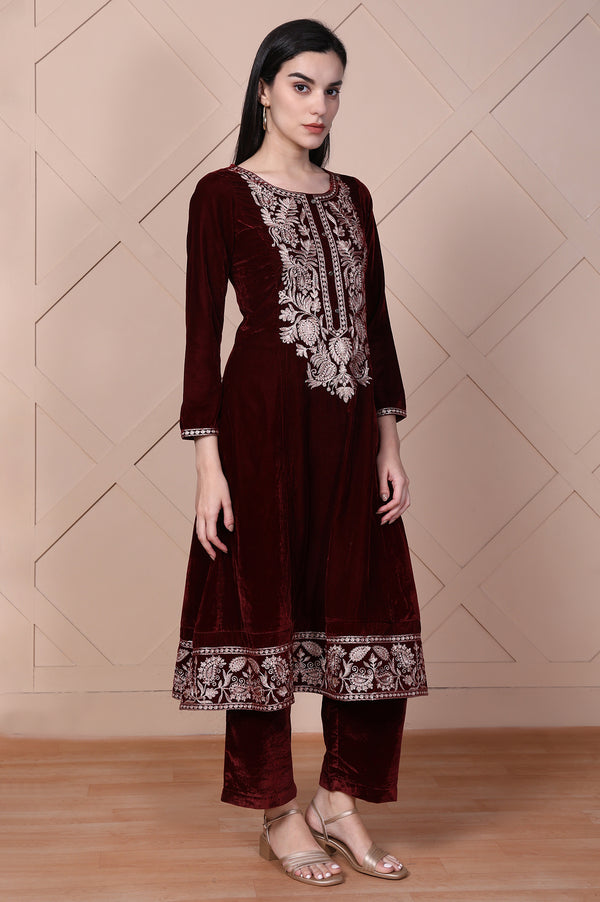Maroon Embroidered A-Line Velvet Kurta with Palazzo Set