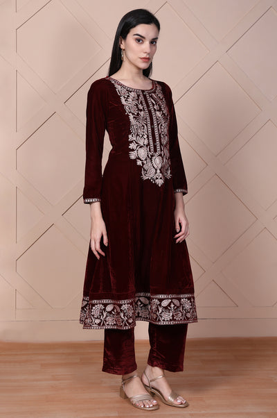 Maroon Embroidered A-Line Velvet Kurta with Palazzo Set