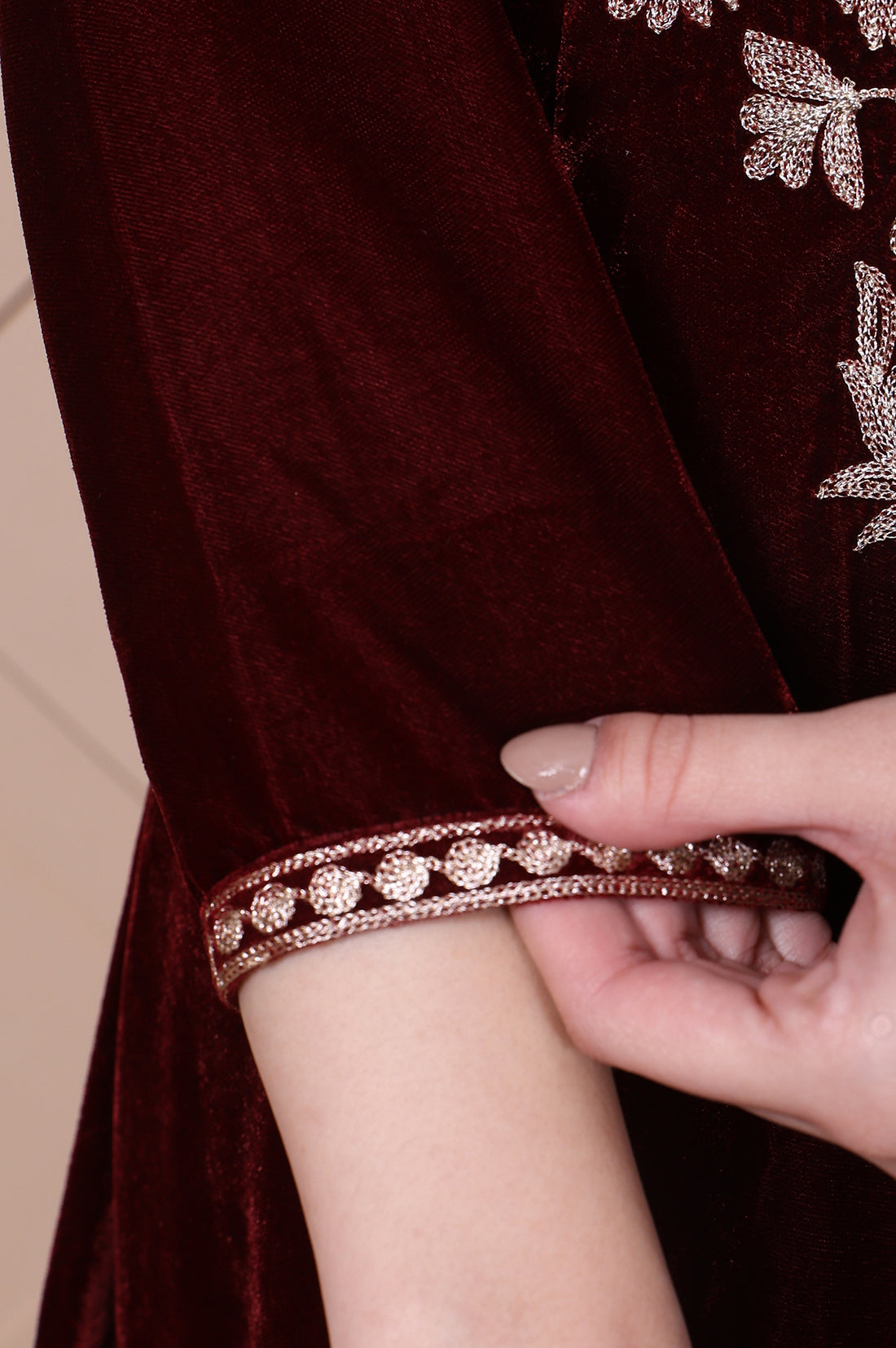 Maroon Embroidered A-Line Velvet Kurta with Palazzo Set