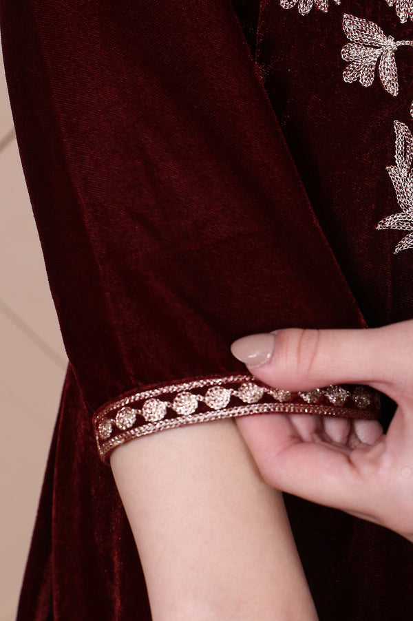 Maroon Embroidered A-Line Velvet Kurta with Palazzo Set
