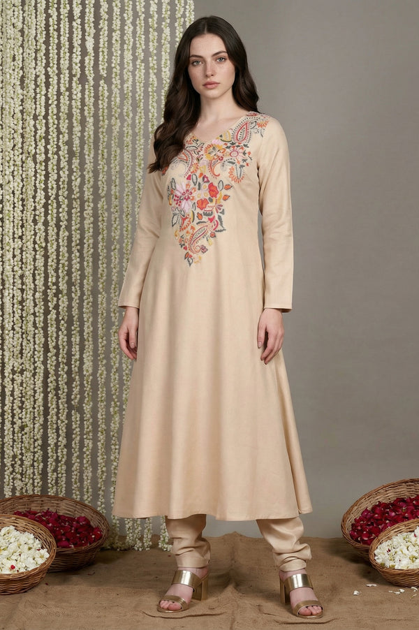Beige Ebroidered Acrylic Blend A-line Kurta with Trouser Set for Winter