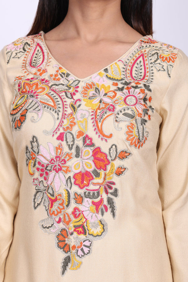 Beige Ebroidered Acrylic Blend A-line Kurta with Trouser Set for Winter