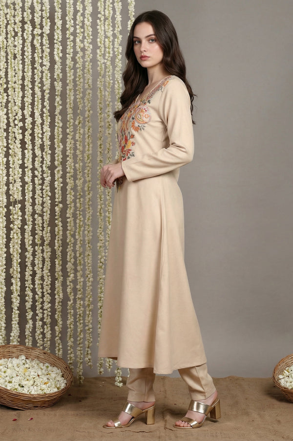 Beige Ebroidered Acrylic Blend A-line Kurta with Trouser Set for Winter