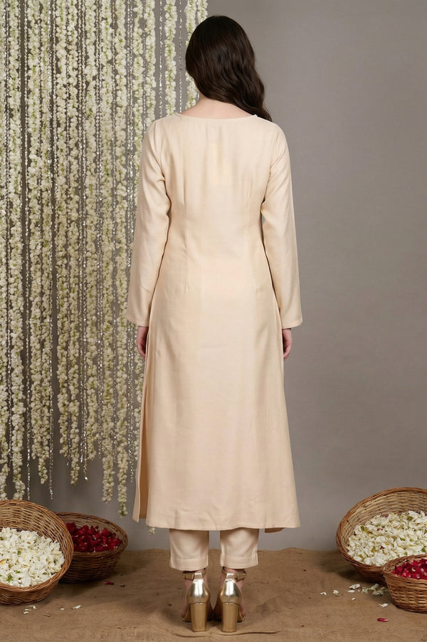 Beige Ebroidered Acrylic Blend A-line Kurta with Trouser Set for Winter