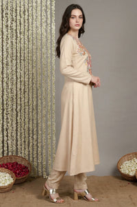 Beige Ebroidered Acrylic Blend A-line Kurta with Trouser Set for Winter