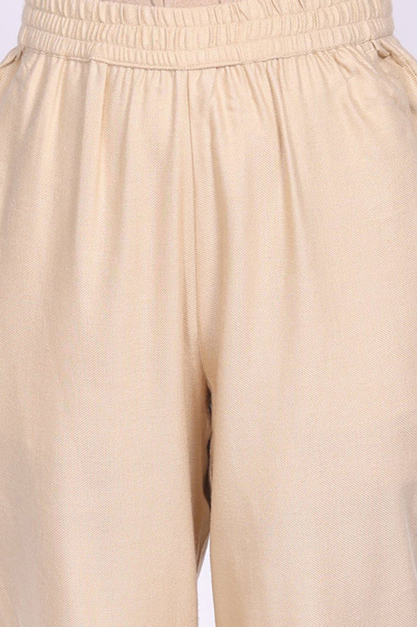 Beige Ebroidered Acrylic Blend A-line Kurta with Trouser Set for Winter