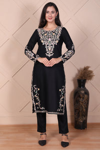 Black Embroidered Acrylic Straight Kurta and Trouser Set
