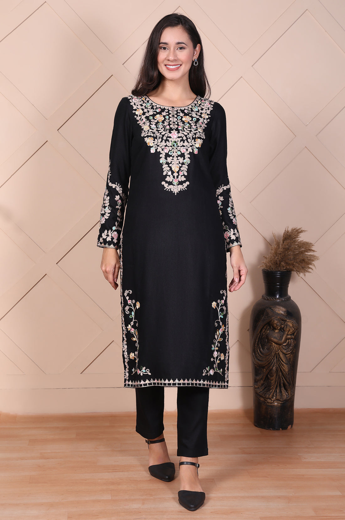 Black Embroidered Acrylic Straight Kurta and Trouser Set