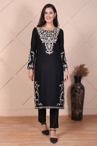 Black Embroidered Acrylic Straight Kurta and Trouser Set