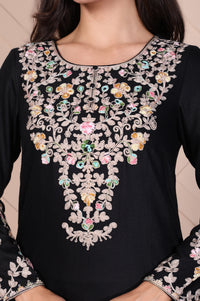Black Embroidered Acrylic Straight Kurta and Trouser Set