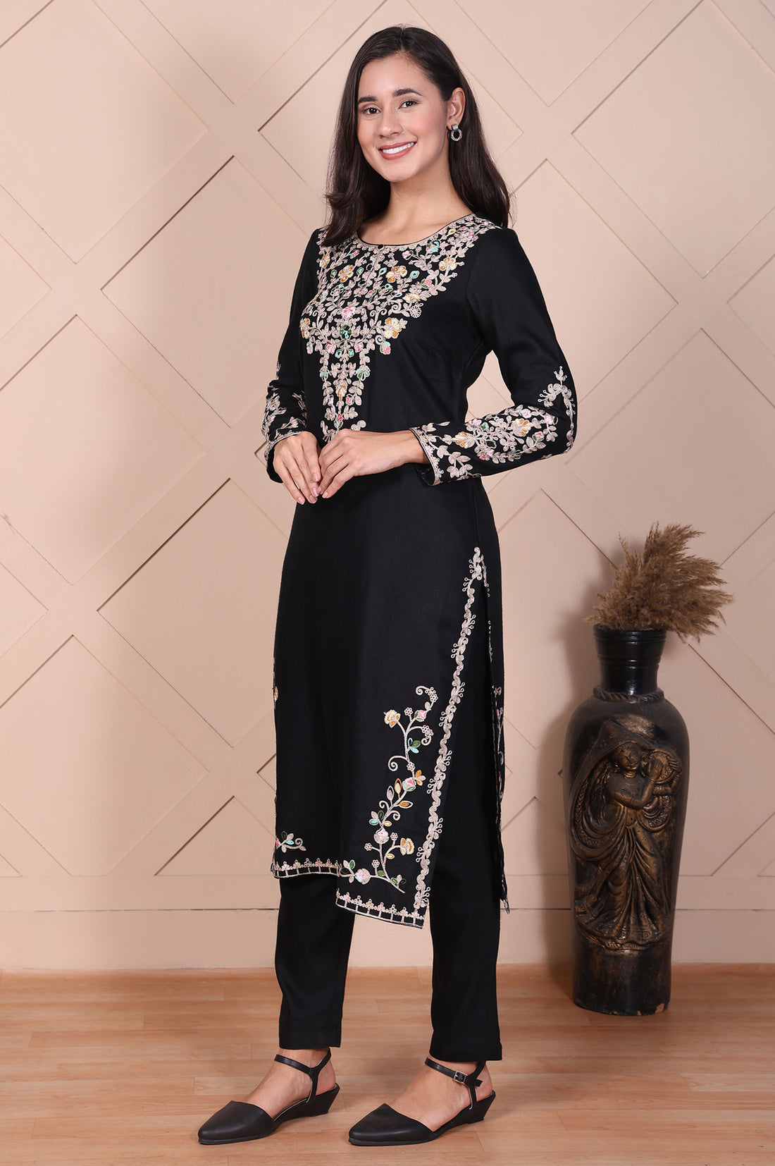 Black Embroidered Acrylic Straight Kurta and Trouser Set