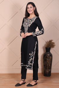 Black Embroidered Acrylic Straight Kurta and Trouser Set