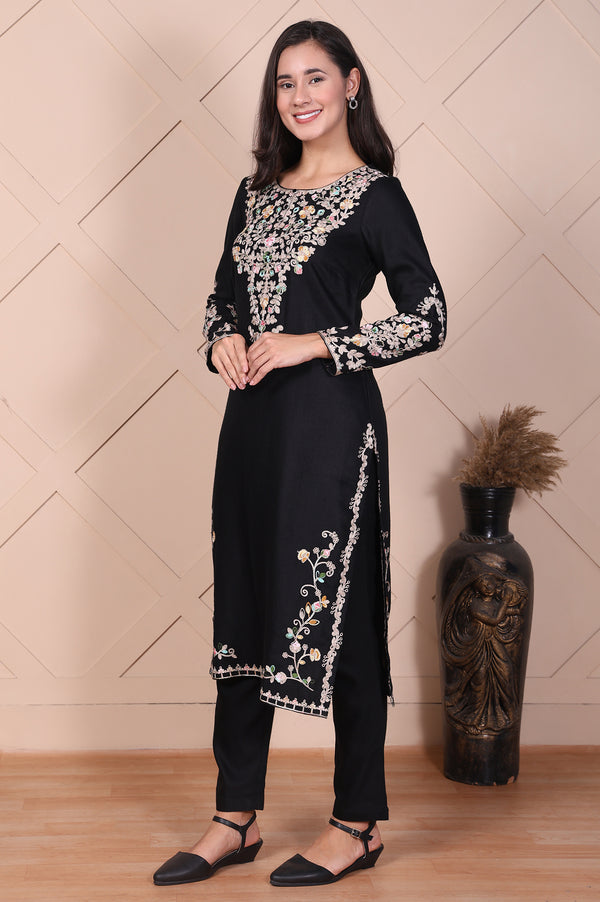 Black Embroidered Acrylic Straight Kurta and Trouser Set