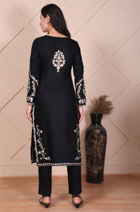 Black Embroidered Acrylic Straight Kurta and Trouser Set