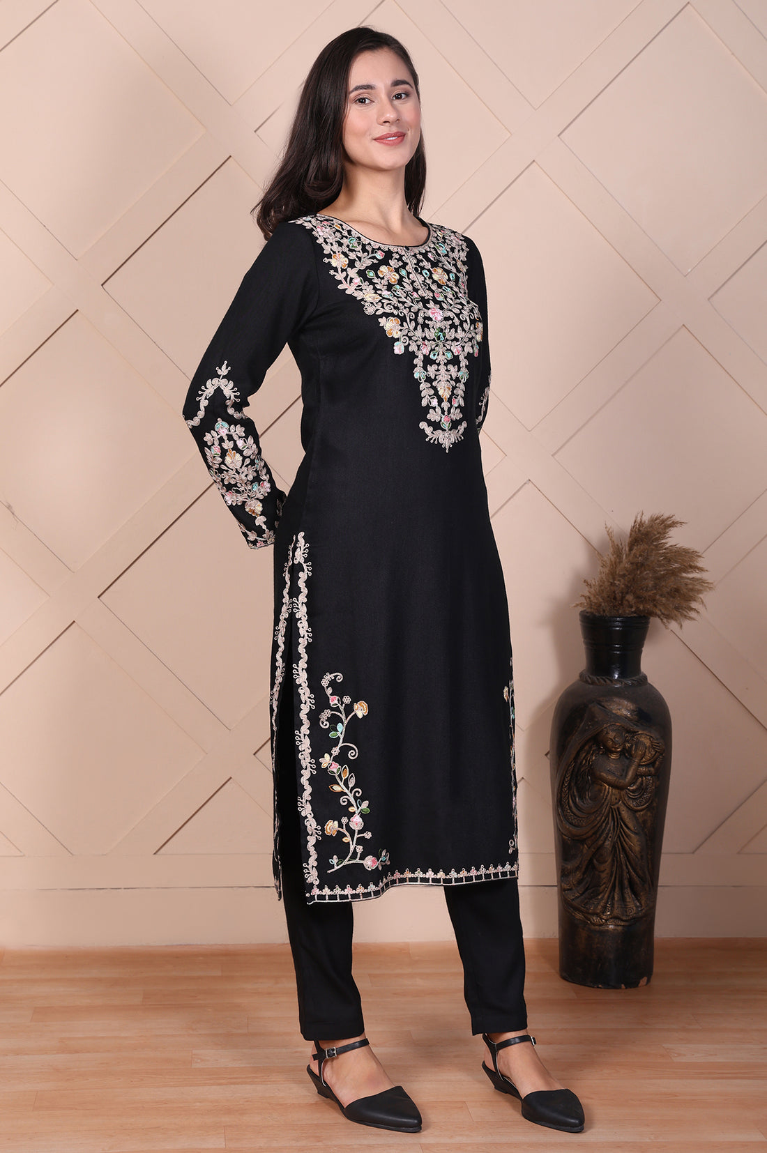 Black Embroidered Acrylic Straight Kurta and Trouser Set