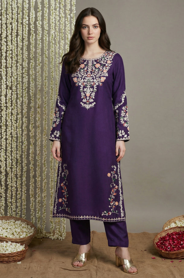 Purple Floral Acrylic Blend Straight Kurta with Trouser Co-ord Set for Winter