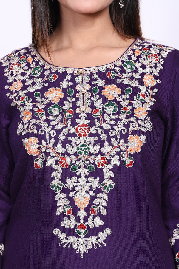 Purple Floral Acrylic Blend Straight Kurta with Trouser Co-ord Set for Winter
