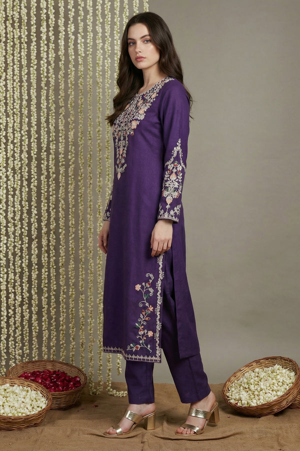 Purple Floral Acrylic Blend Straight Kurta with Trouser Co-ord Set for Winter
