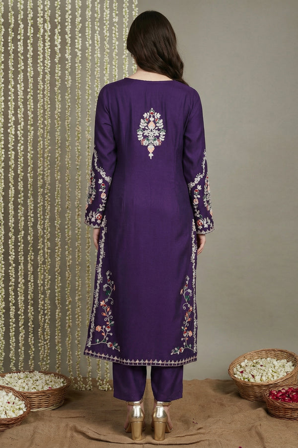 Purple Floral Acrylic Blend Straight Kurta with Trouser Co-ord Set for Winter