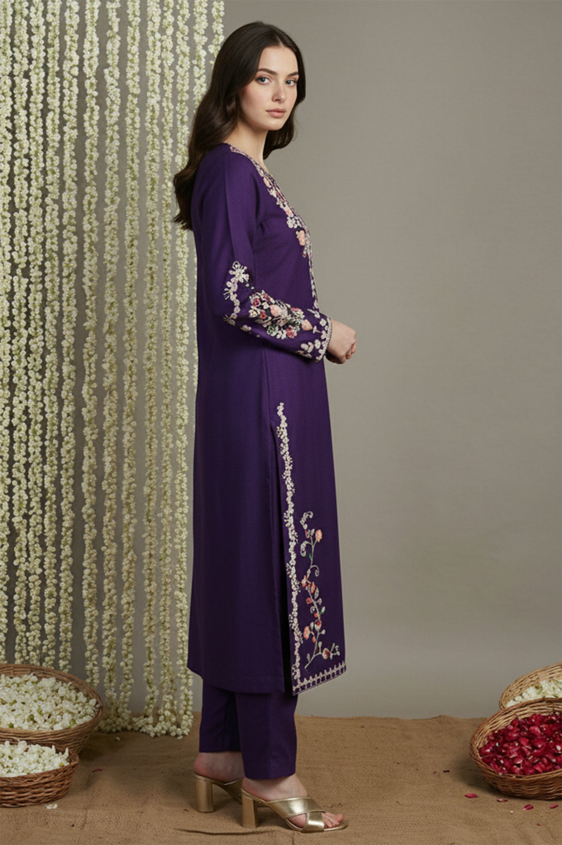 Purple Floral Acrylic Blend Straight Kurta with Trouser Co-ord Set for Winter