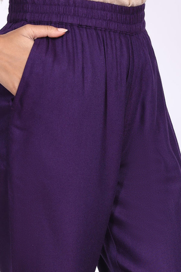 Purple Floral Acrylic Blend Straight Kurta with Trouser Co-ord Set for Winter