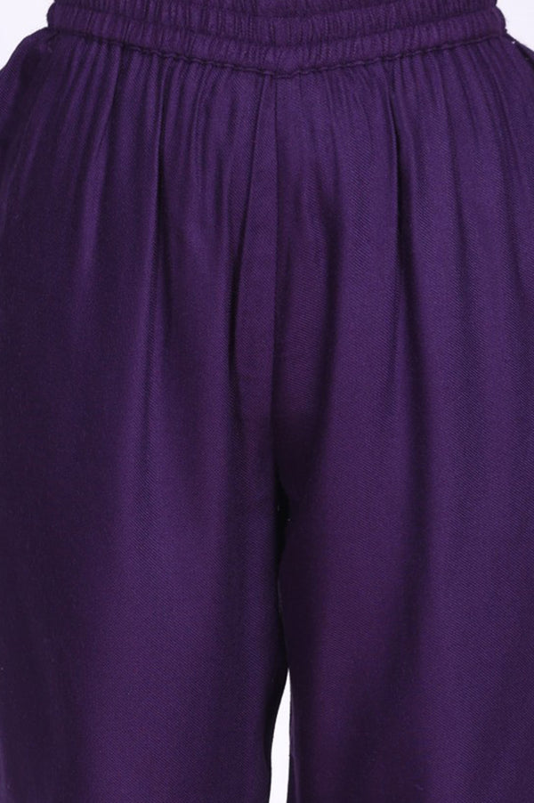 Purple Floral Acrylic Blend Straight Kurta with Trouser Co-ord Set for Winter