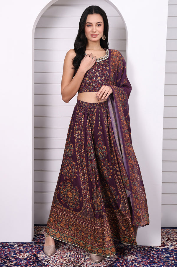 Purple Abstract Printed Beaded Straight Crop Top, Flared Skirt and Dupatta Set