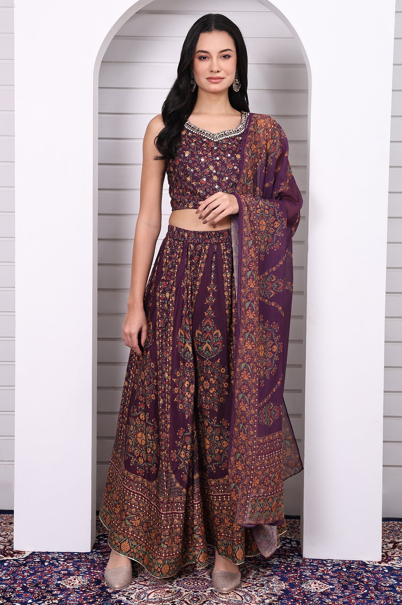 Purple Abstract Printed Beaded Straight Crop Top, Flared Skirt and Dupatta Set