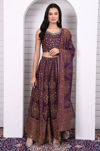 Purple Abstract Printed Beaded Straight Crop Top, Flared Skirt and Dupatta Set