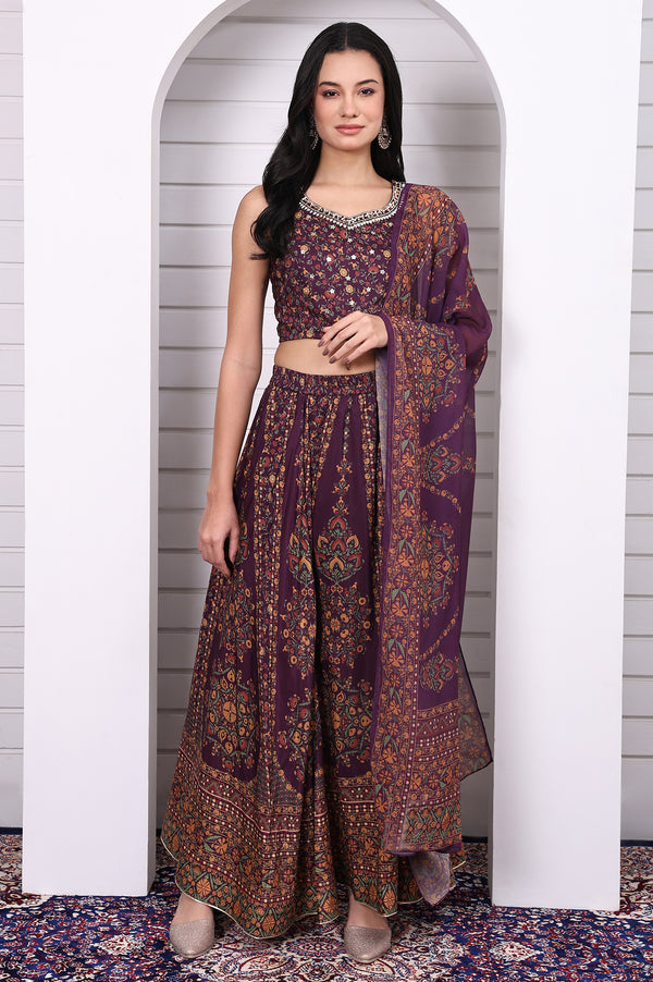 Purple Abstract Printed Beaded Straight Crop Top, Flared Skirt and Dupatta Set