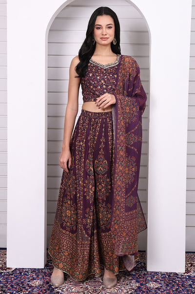 Purple Abstract Printed Beaded Straight Crop Top, Flared Skirt and Dupatta Set