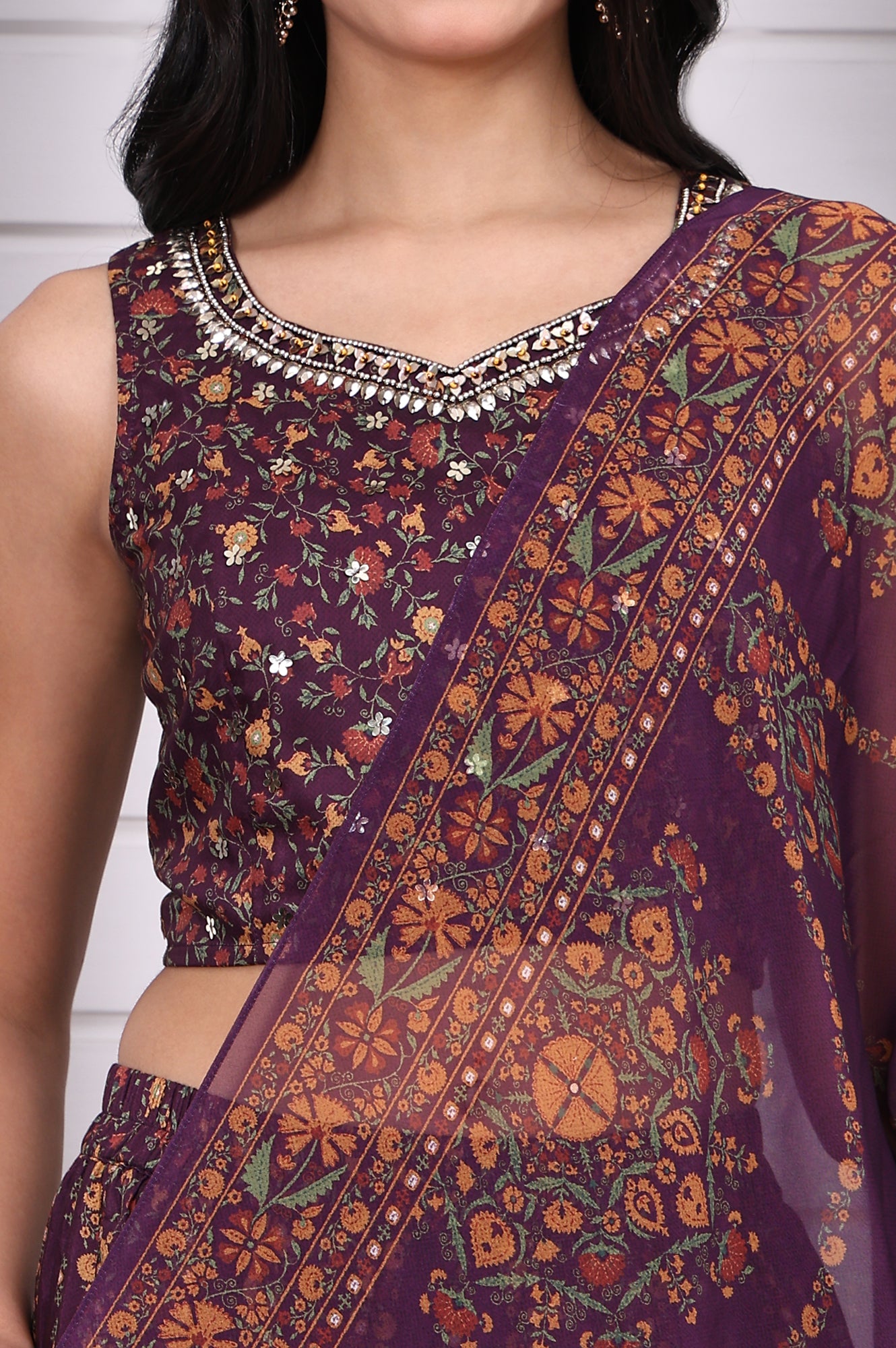 Purple Abstract Printed Beaded Straight Crop Top, Flared Skirt and Dupatta Set