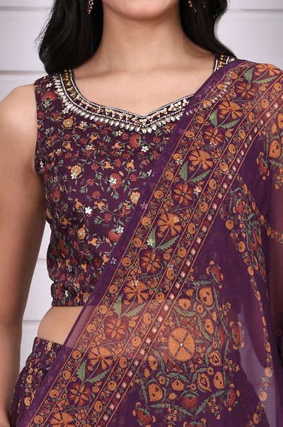Purple Abstract Printed Beaded Straight Crop Top, Flared Skirt and Dupatta Set