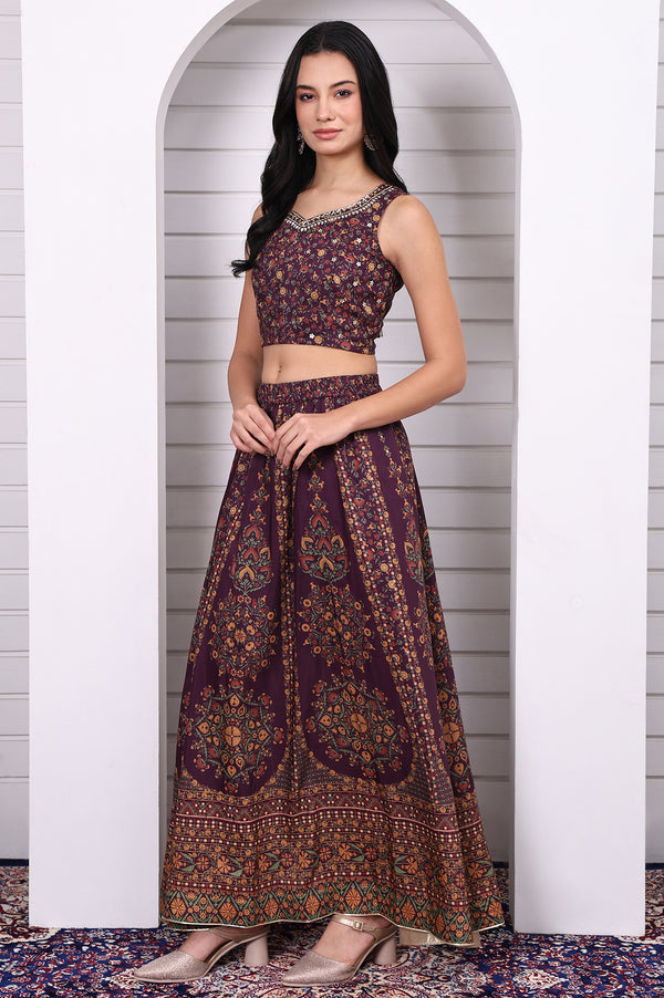 Purple Abstract Printed Beaded Straight Crop Top, Flared Skirt and Dupatta Set