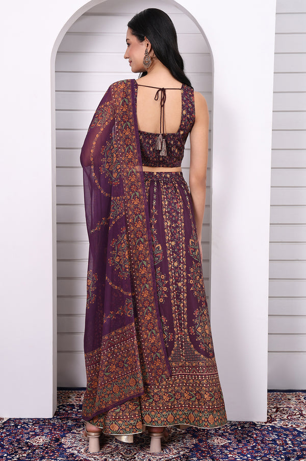 Purple Abstract Printed Beaded Straight Crop Top, Flared Skirt and Dupatta Set