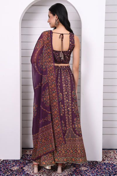 Purple Abstract Printed Beaded Straight Crop Top, Flared Skirt and Dupatta Set