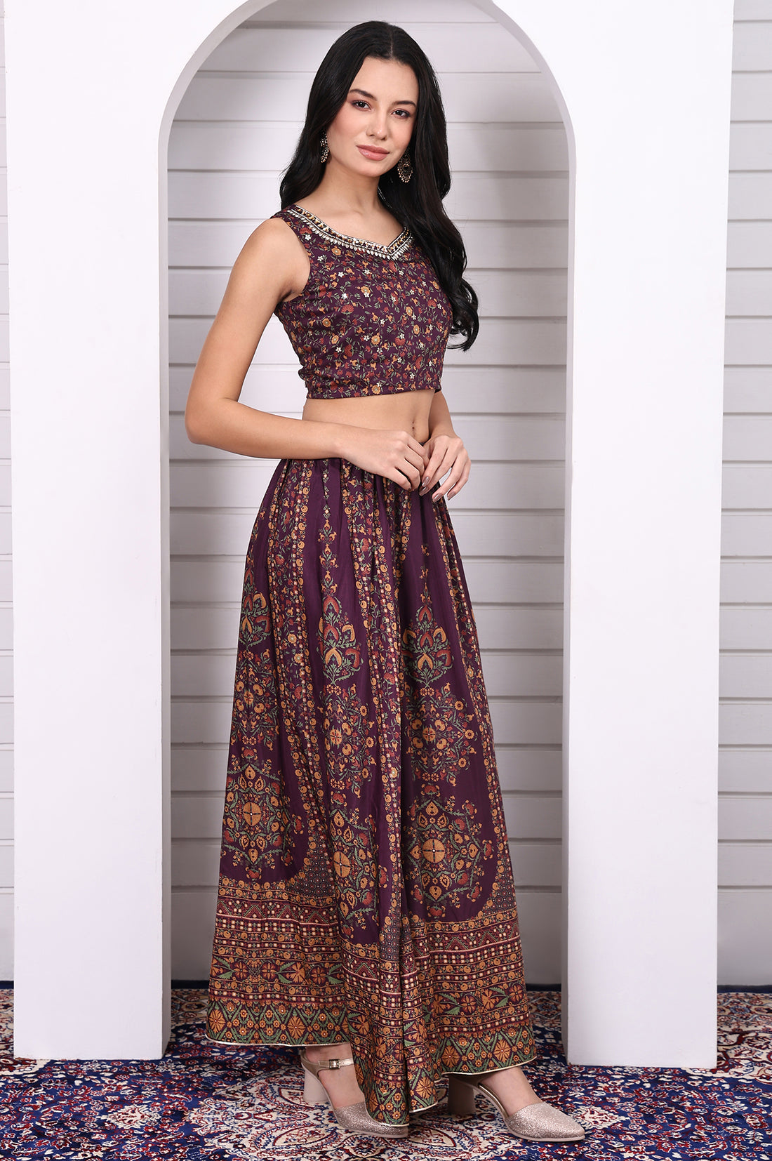 Purple Abstract Printed Beaded Straight Crop Top, Flared Skirt and Dupatta Set
