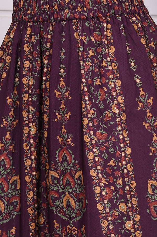 Purple Abstract Printed Beaded Straight Crop Top, Flared Skirt and Dupatta Set