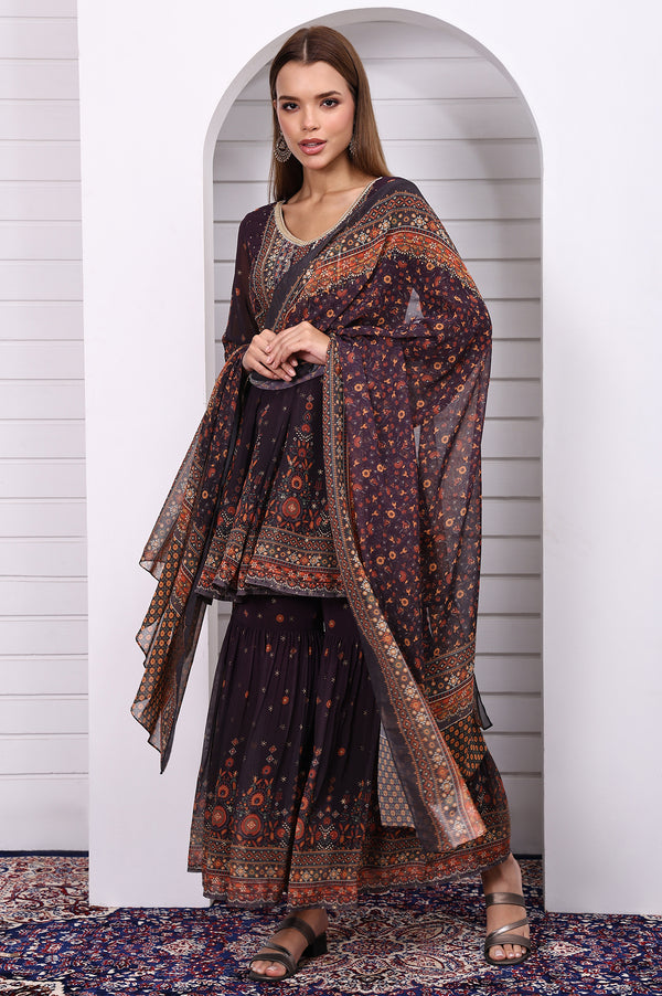 Purple Abstract Printed Beaded Chiffon A-line Kurta, Sharara and Dupatta Set