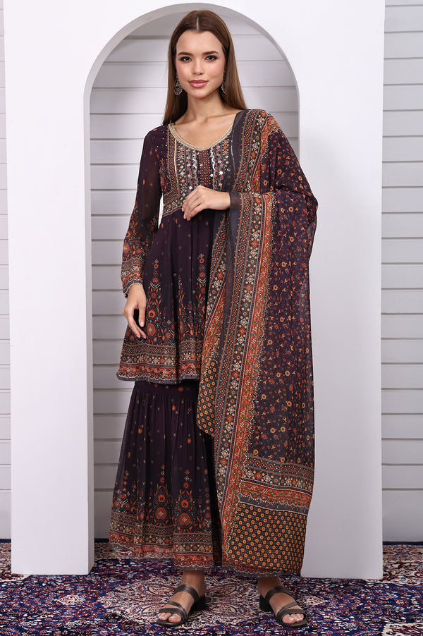 Purple Abstract Printed Beaded Chiffon A-line Kurta, Sharara and Dupatta Set