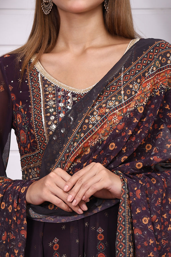 Purple Abstract Printed Beaded Chiffon A-line Kurta, Sharara and Dupatta Set