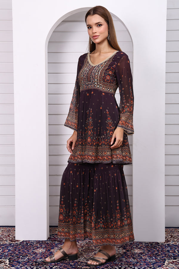 Purple Abstract Printed Beaded Chiffon A-line Kurta, Sharara and Dupatta Set