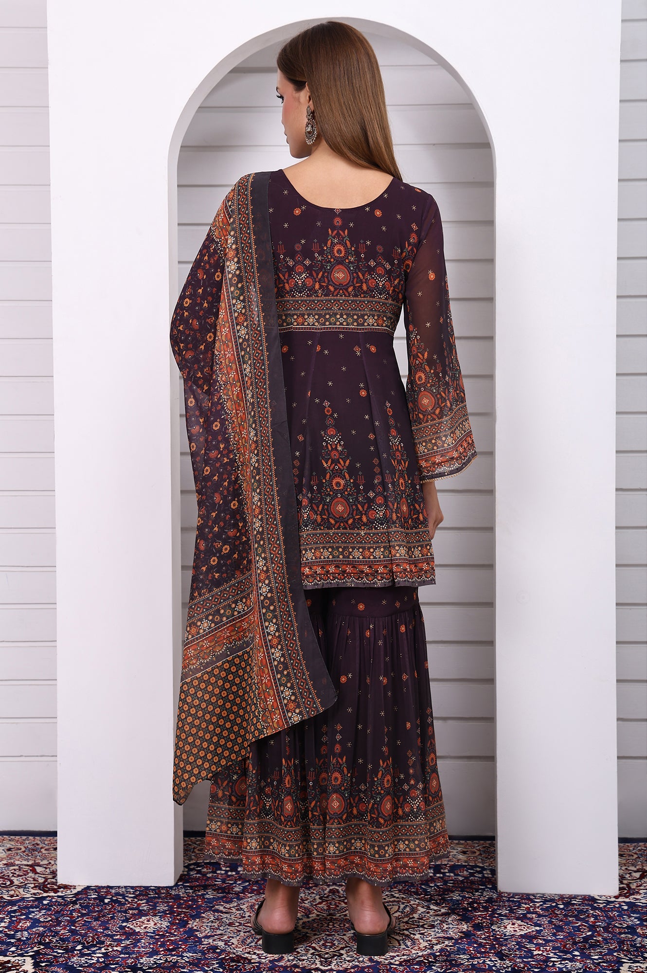 Purple Abstract Printed Beaded Chiffon A-line Kurta, Sharara and Dupatta Set