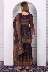 Purple Abstract Printed Beaded Chiffon A-line Kurta, Sharara and Dupatta Set