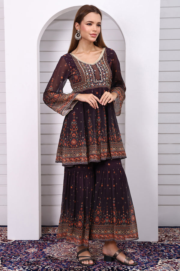 Purple Abstract Printed Beaded Chiffon A-line Kurta, Sharara and Dupatta Set