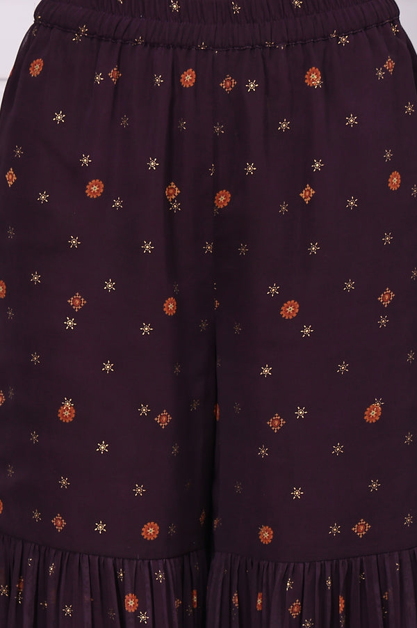 Purple Abstract Printed Beaded Chiffon A-line Kurta, Sharara and Dupatta Set