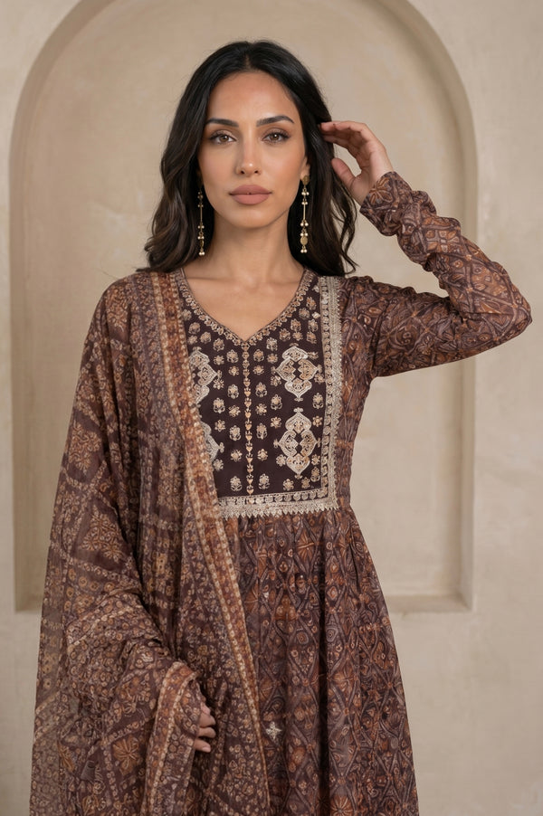 Brown Floral Printed Georgette Dupatta